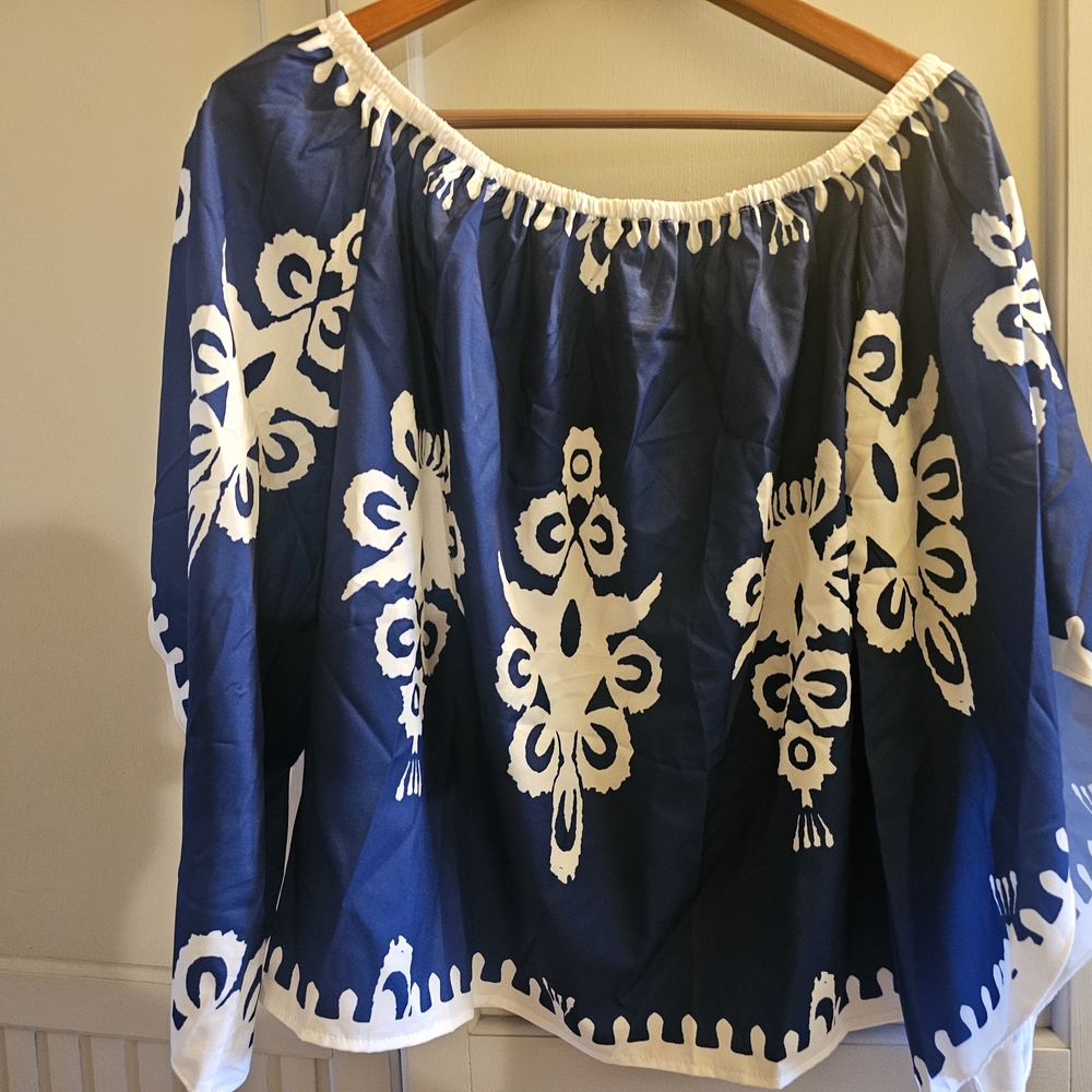 Blue and White Off-Shoulder Blouse